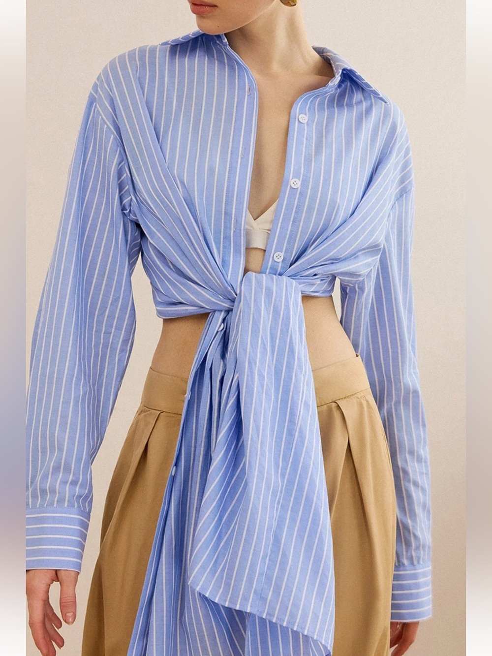 Commense Oversized Striped Knotted Shirt